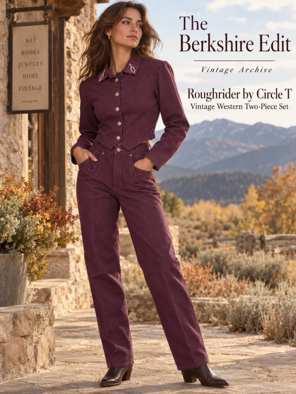Vintage Roughrider Circle T Western 2pc Jacket Jeans Set Plum USA S 5/6